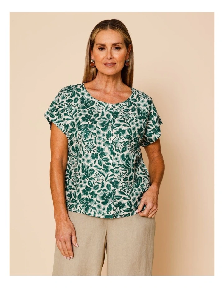 Cap Sleeve Button Through Top In Green Floral image 3