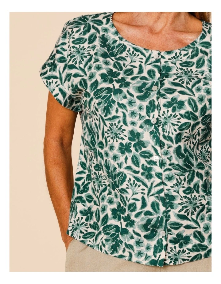 Cap Sleeve Button Through Top In Green Floral image 4