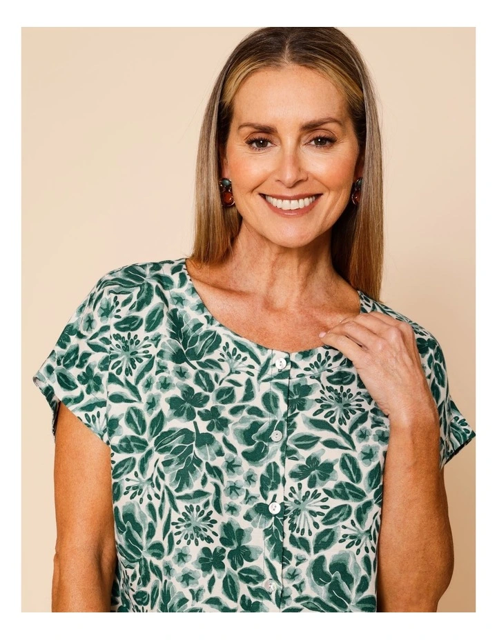 Cap Sleeve Button Through Top In Green Floral image 5