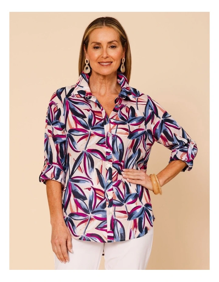 Button Through Rami Shirt With Rolled Sleeve In Pink Ground Tropical Print image 1