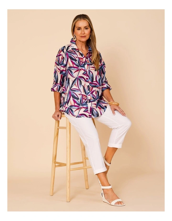 Button Through Rami Shirt With Rolled Sleeve In Pink Ground Tropical Print image 2