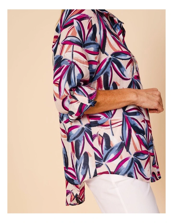 Button Through Rami Shirt With Rolled Sleeve In Pink Ground Tropical Print image 3
