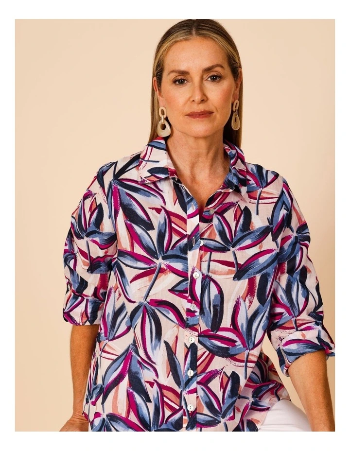 Button Through Rami Shirt With Rolled Sleeve In Pink Ground Tropical Print image 4