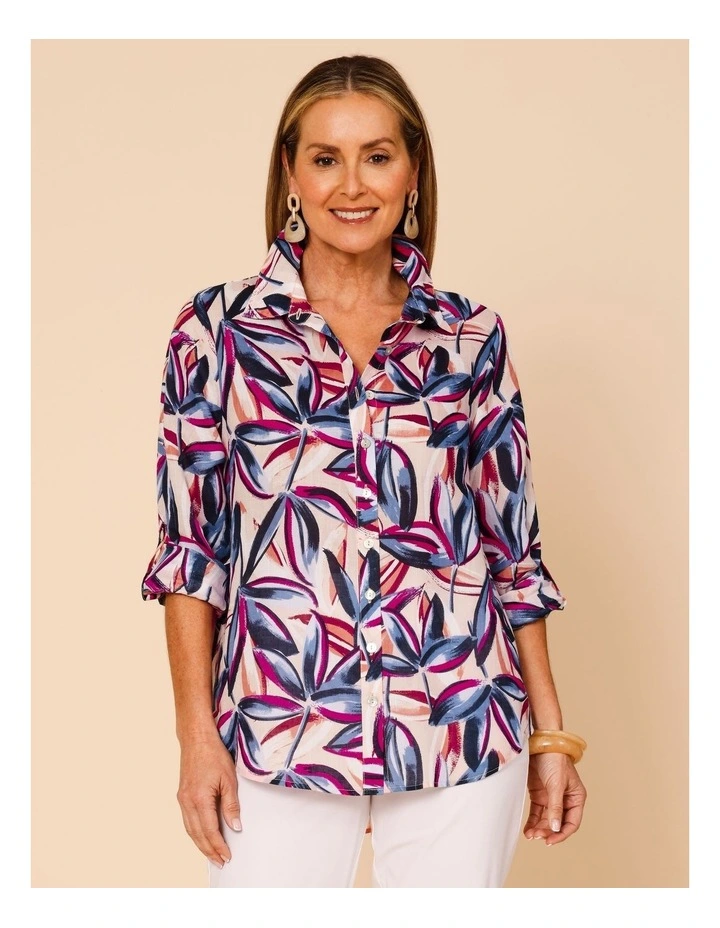 Button Through Rami Shirt With Rolled Sleeve In Pink Ground Tropical Print image 5