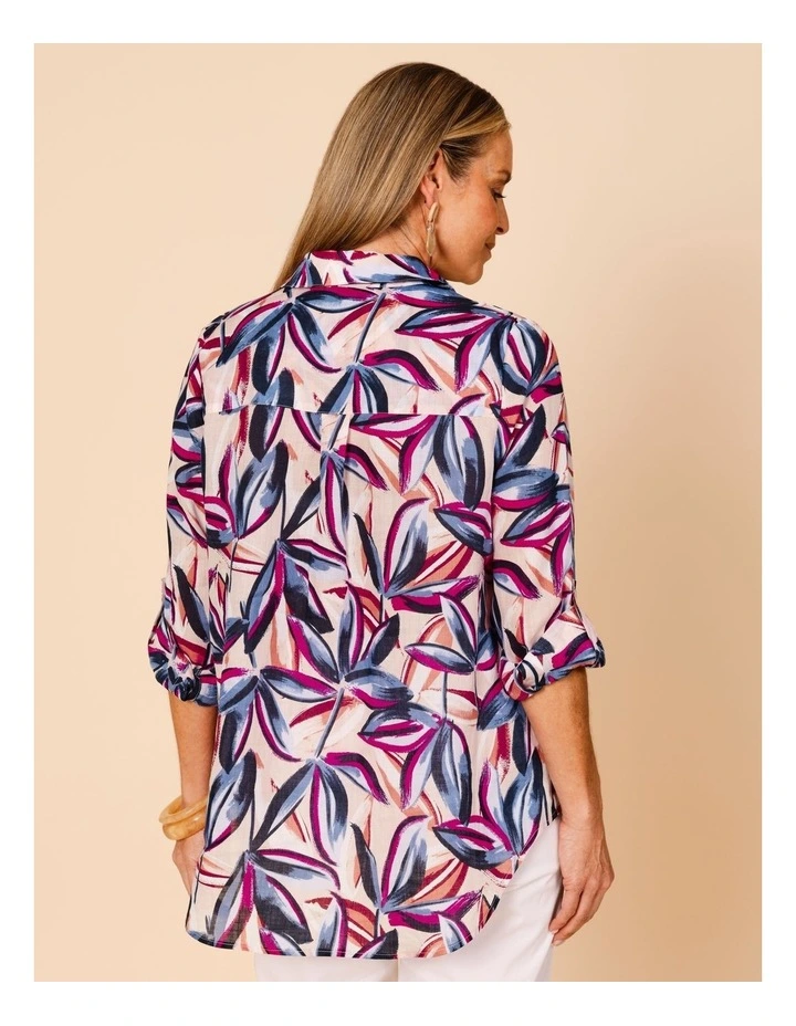 Button Through Rami Shirt With Rolled Sleeve In Pink Ground Tropical Print image 6