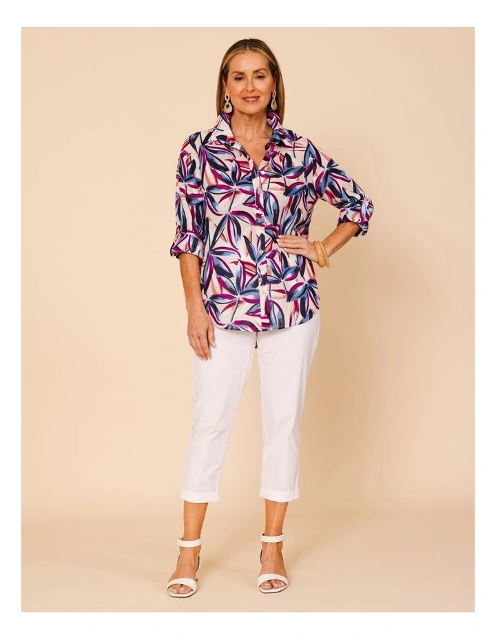 Button Through Rami Shirt With Rolled Sleeve In Pink Ground Tropical Print image 7
