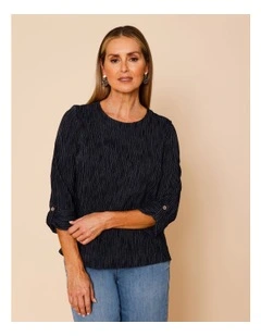 Cotton Blend Vertical Stripe Button Tab Cuff Sleeve Tee In Navy With Stone Stripe
