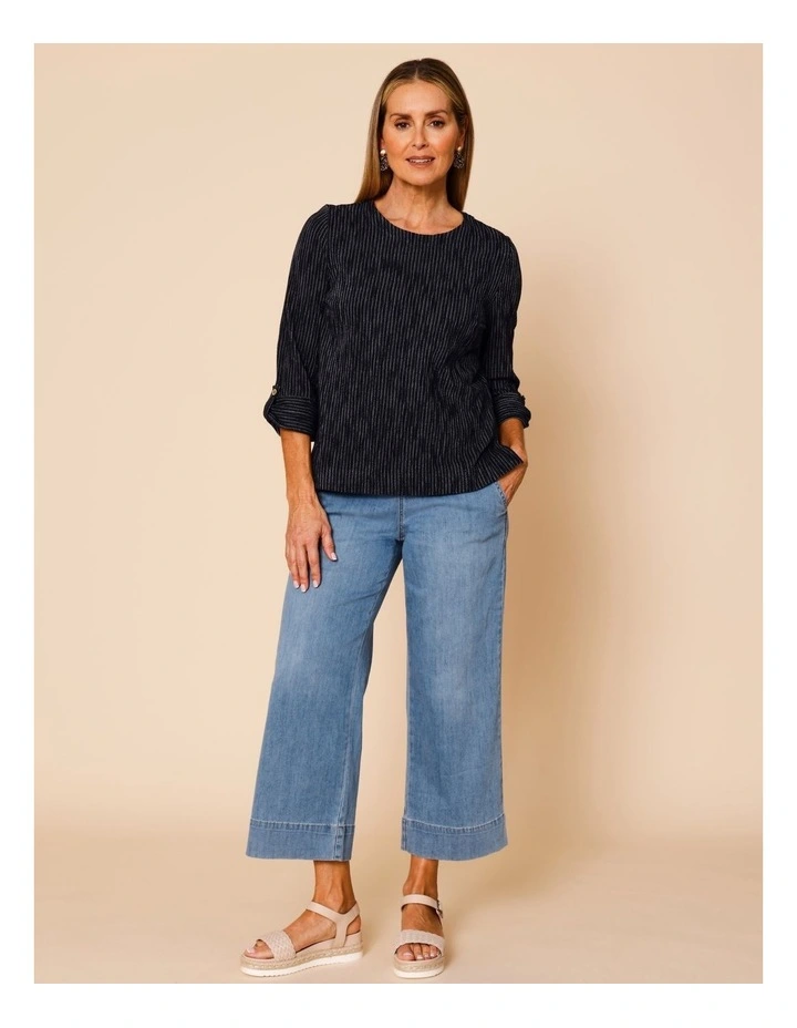 Cotton Blend Vertical Stripe Button Tab Cuff Sleeve Tee In Navy With Stone Stripe image 2