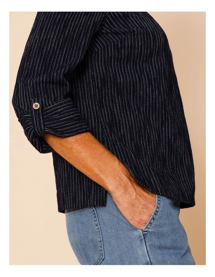 Cotton Blend Vertical Stripe Button Tab Cuff Sleeve Tee In Navy With Stone Stripe image 3