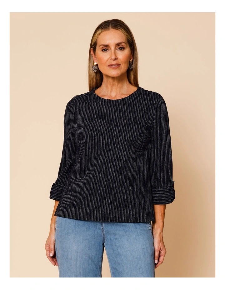 Cotton Blend Vertical Stripe Button Tab Cuff Sleeve Tee In Navy With Stone Stripe image 4
