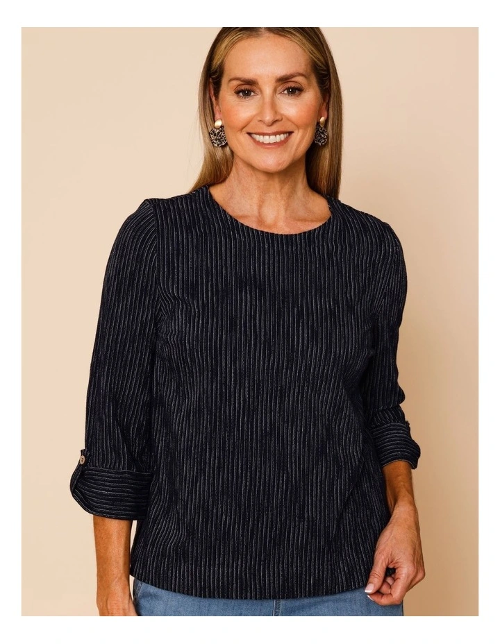 Cotton Blend Vertical Stripe Button Tab Cuff Sleeve Tee In Navy With Stone Stripe image 5