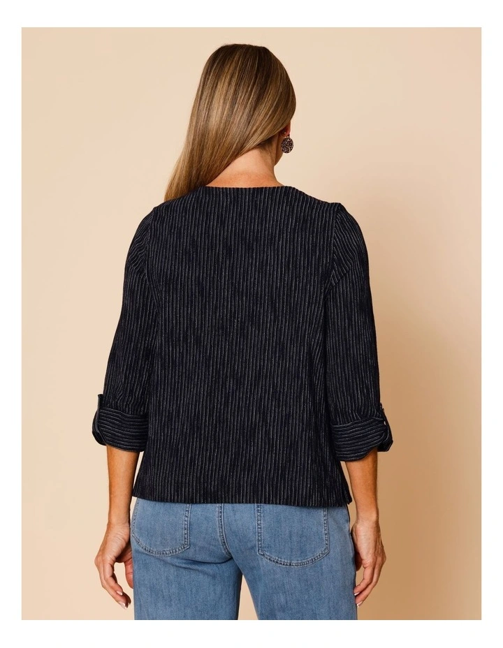 Cotton Blend Vertical Stripe Button Tab Cuff Sleeve Tee In Navy With Stone Stripe image 6