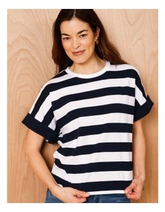 Extended Sleeve Tee With Solid Cuff In Navy/White Stripe