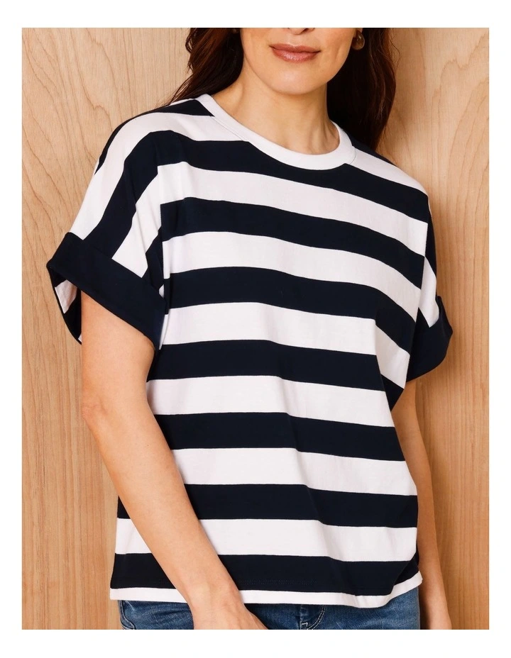 Extended Sleeve Tee With Solid Cuff In Navy/White Stripe image 3