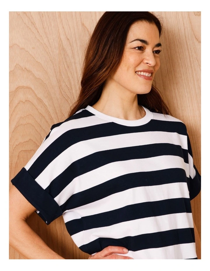 Extended Sleeve Tee With Solid Cuff In Navy/White Stripe image 4