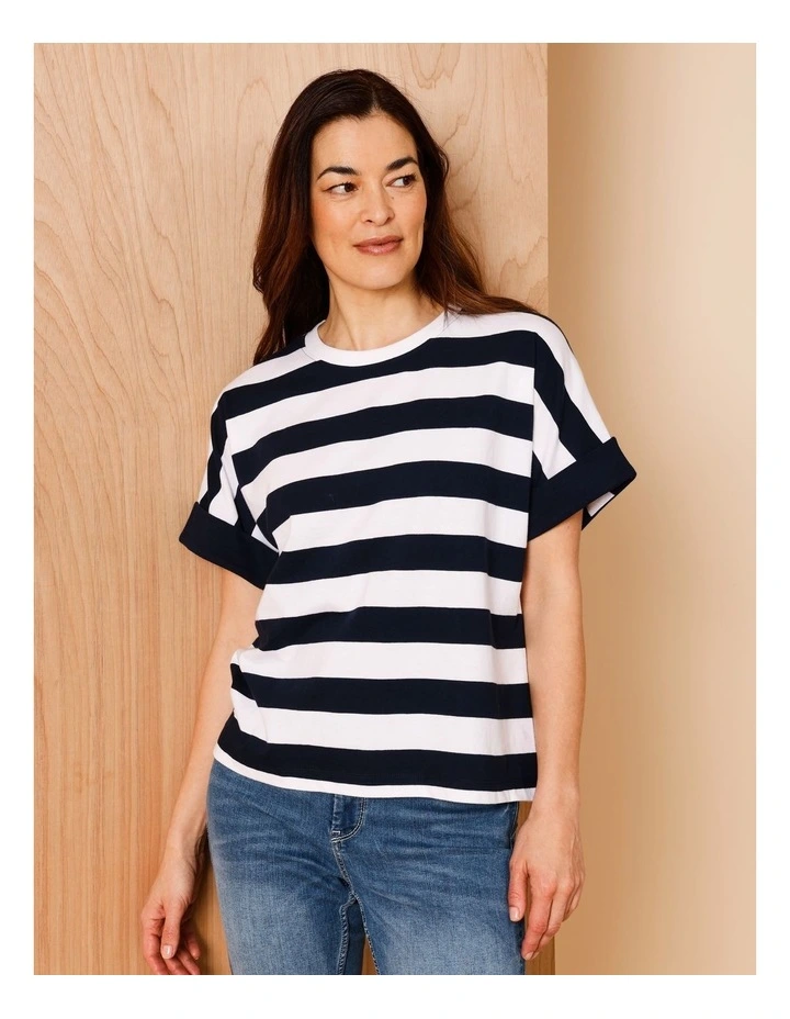 Extended Sleeve Tee With Solid Cuff In Navy/White Stripe image 5