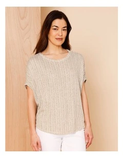 Extended Sleeve Fancy Knit Tee With Curved Hem In Neutral/Navy Stripe