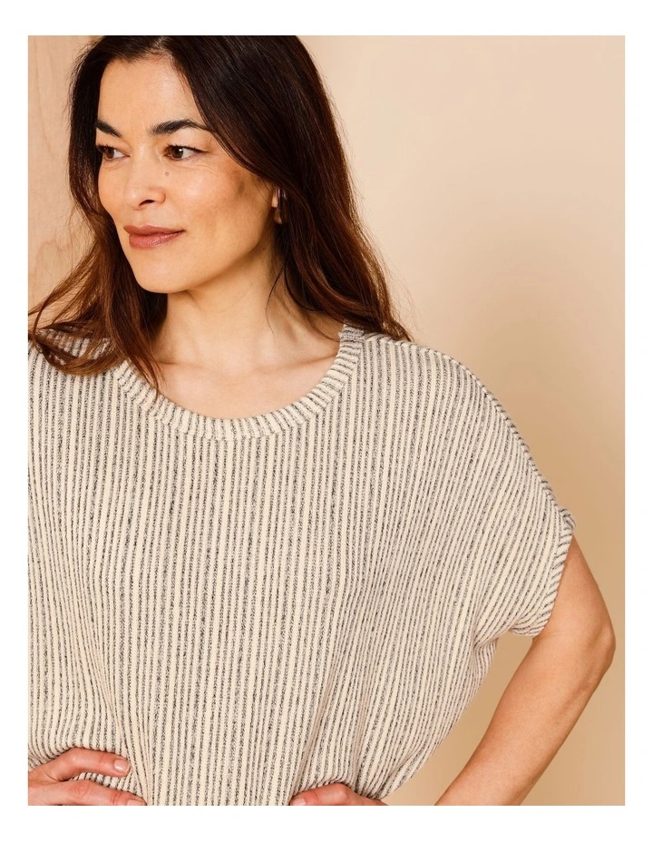 Extended Sleeve Fancy Knit Tee With Curved Hem In Neutral/Navy Stripe image 2