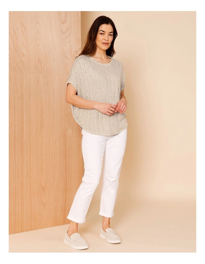 Extended Sleeve Fancy Knit Tee With Curved Hem In Neutral/Navy Stripe image 3