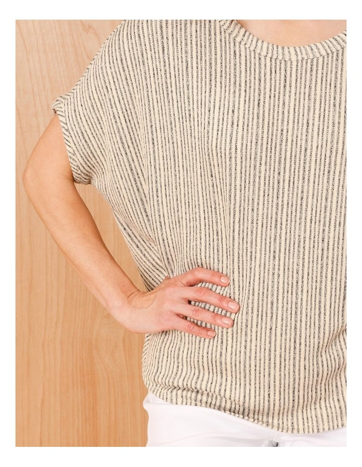Extended Sleeve Fancy Knit Tee With Curved Hem In Neutral/Navy Stripe image 4