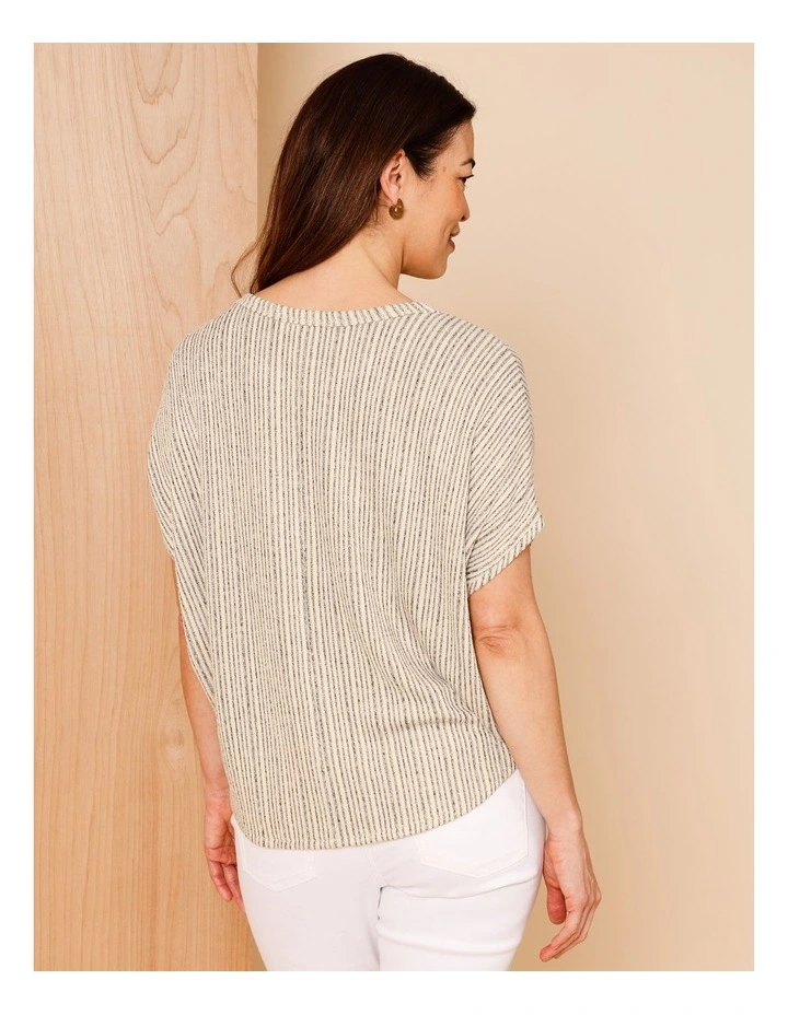 Extended Sleeve Fancy Knit Tee With Curved Hem In Neutral/Navy Stripe image 6