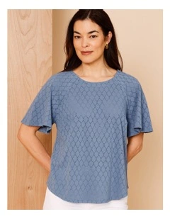 Raglan Sleeve Pointelle Tee In Denim Blue