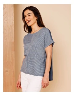 Extended Short Sleeve Spliced Woven Front Tee With Knit Back In Denim/White Fine Stripe