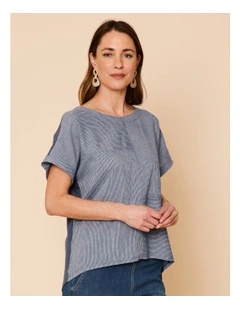 Extended Short Sleeve Spliced Woven Front Tee With Knit Back In Denim/White Fine Stripe
