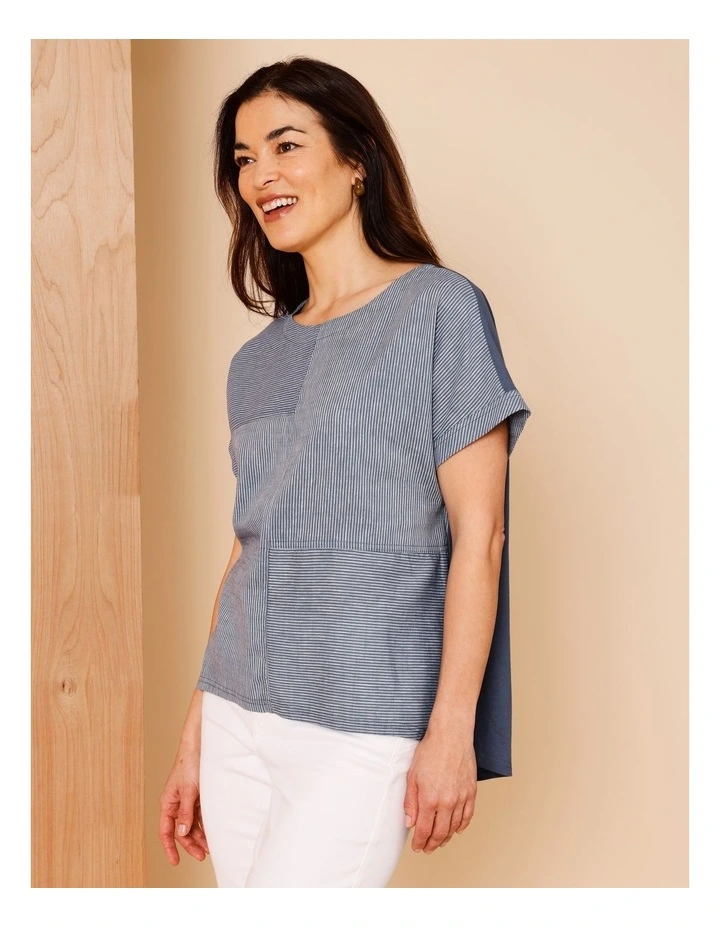 Extended Short Sleeve Spliced Woven Front Tee With Knit Back In Denim/White Fine Stripe image 1