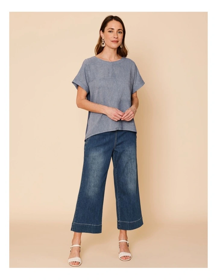 Extended Short Sleeve Spliced Woven Front Tee With Knit Back In Denim/White Fine Stripe image 2