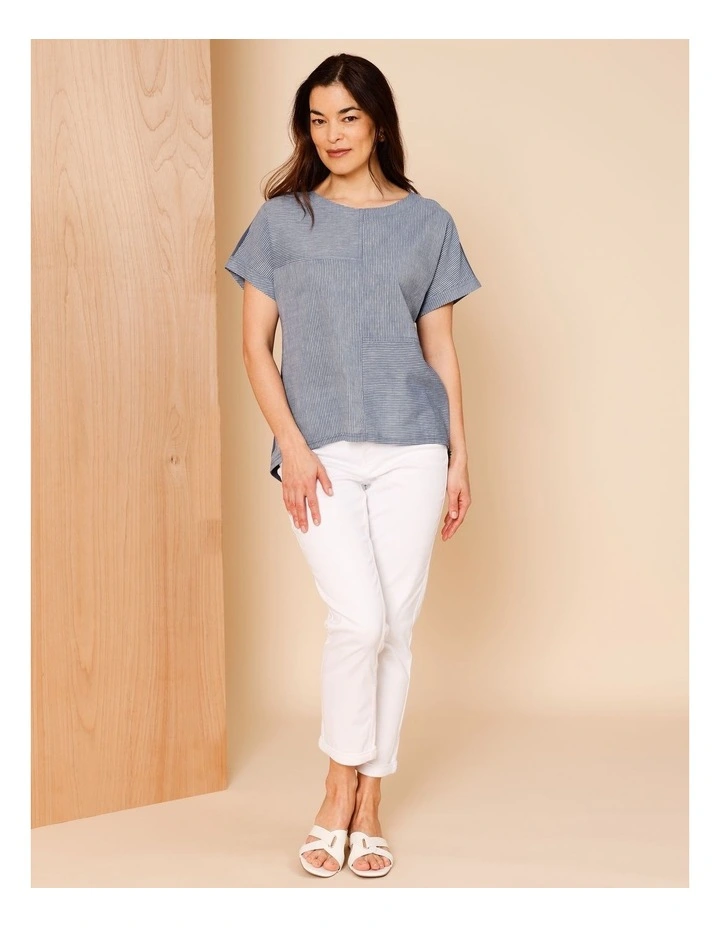 Extended Short Sleeve Spliced Woven Front Tee With Knit Back In Denim/White Fine Stripe image 2