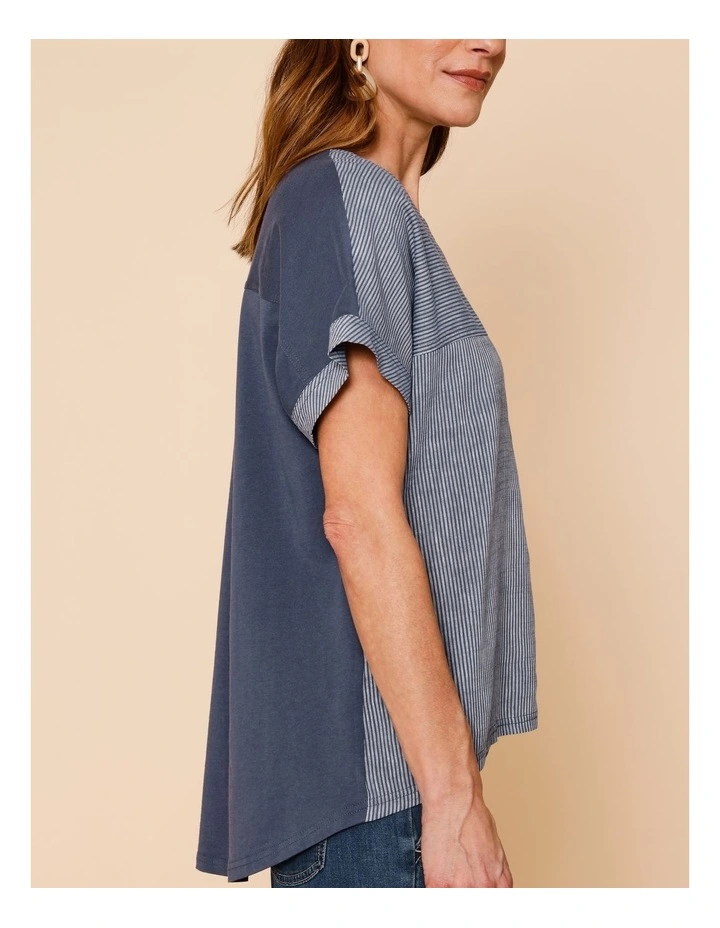 Extended Short Sleeve Spliced Woven Front Tee With Knit Back In Denim/White Fine Stripe image 3