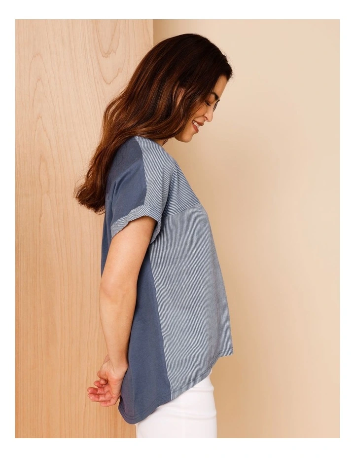 Extended Short Sleeve Spliced Woven Front Tee With Knit Back In Denim/White Fine Stripe image 3