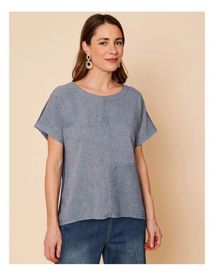 Extended Short Sleeve Spliced Woven Front Tee With Knit Back In Denim/White Fine Stripe image 4
