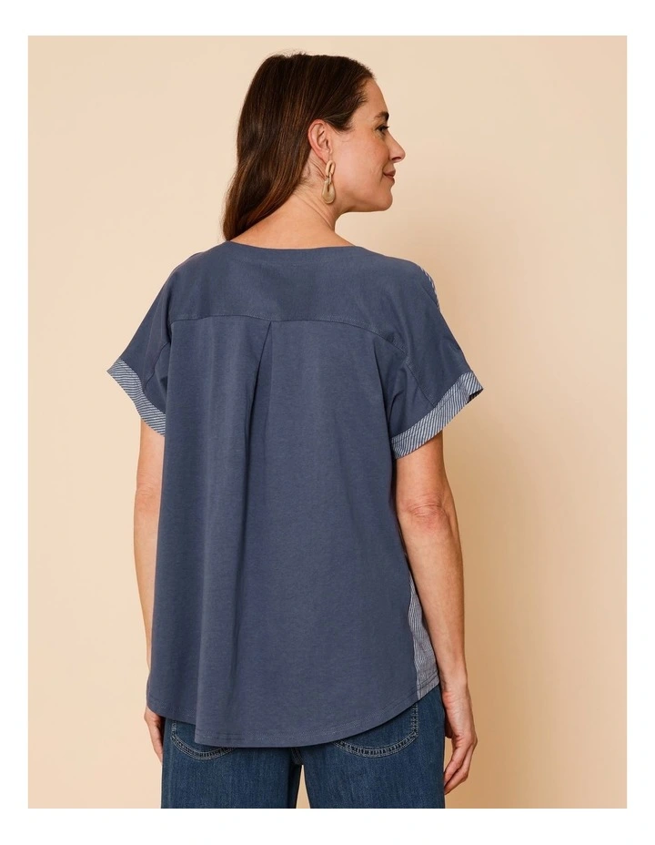 Extended Short Sleeve Spliced Woven Front Tee With Knit Back In Denim/White Fine Stripe image 5