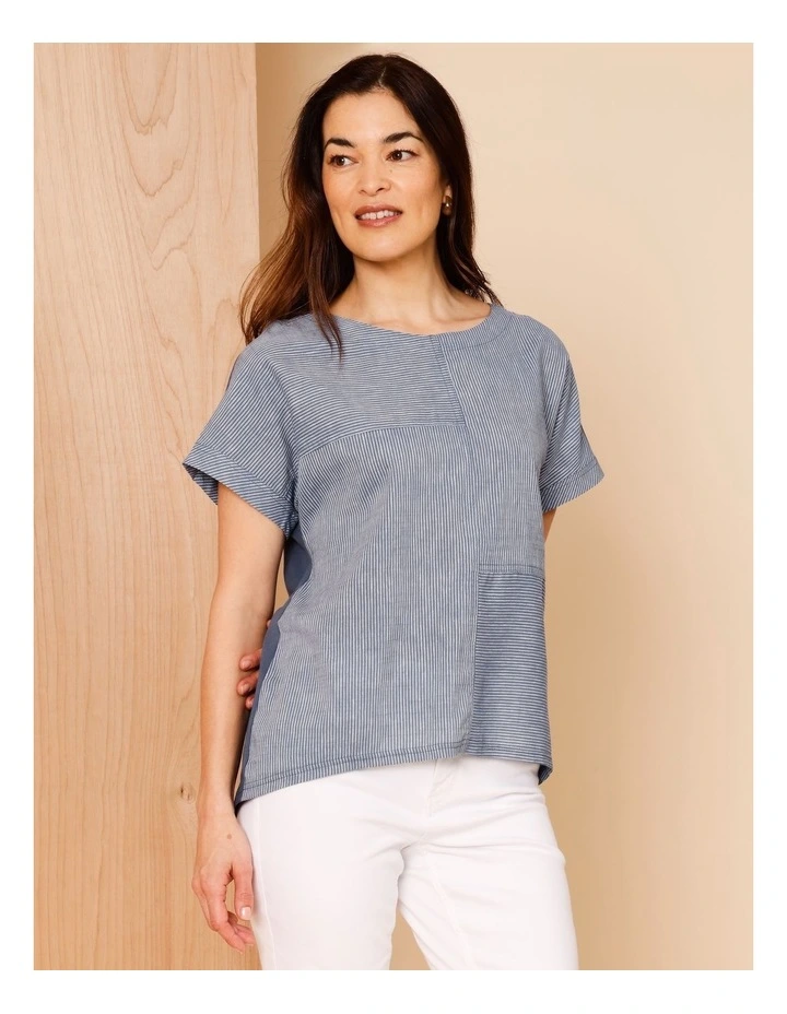 Extended Short Sleeve Spliced Woven Front Tee With Knit Back In Denim/White Fine Stripe image 5