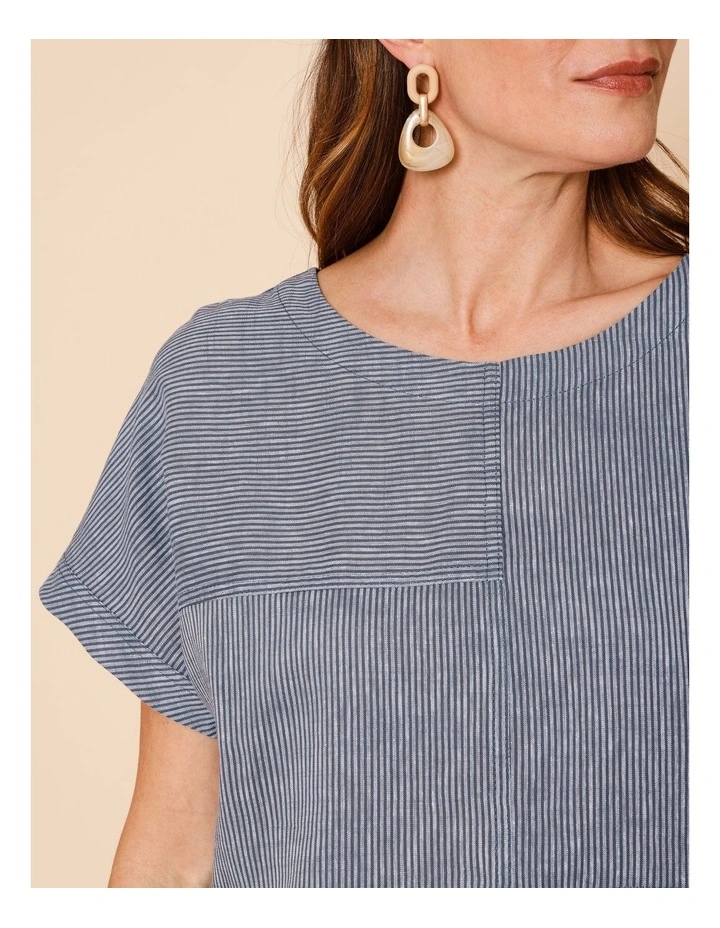 Extended Short Sleeve Spliced Woven Front Tee With Knit Back In Denim/White Fine Stripe image 6