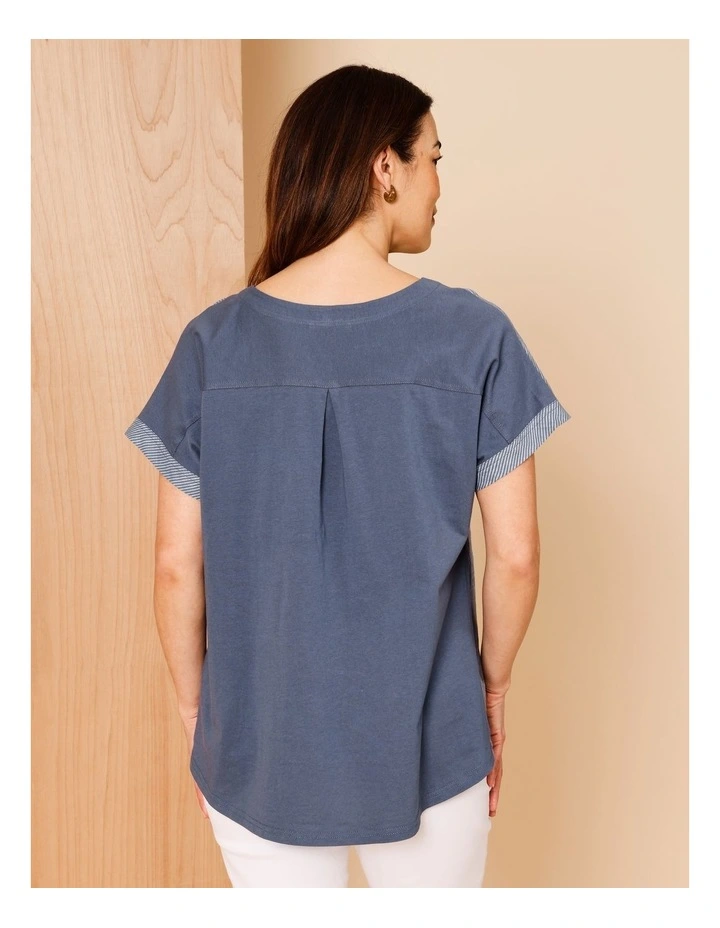 Extended Short Sleeve Spliced Woven Front Tee With Knit Back In Denim/White Fine Stripe image 6