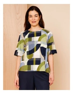 Raglan Short Sleeve Woven Front Tee With Knit Back In Navy/Avocado/White Geo Print