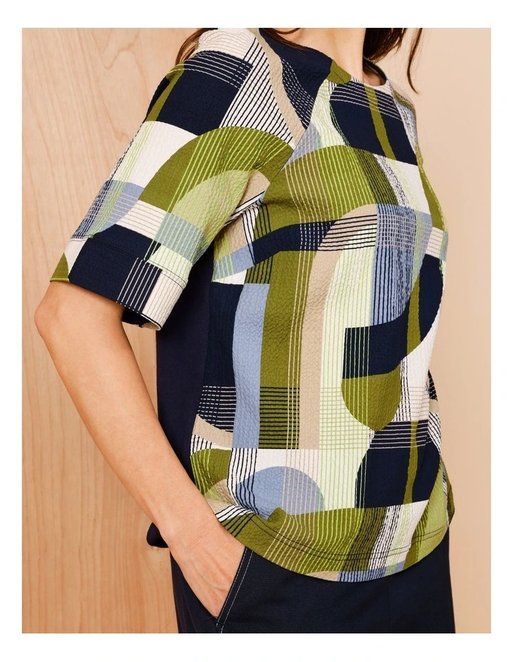 Raglan Short Sleeve Woven Front Tee With Knit Back In Navy/Avocado/White Geo Print image 3