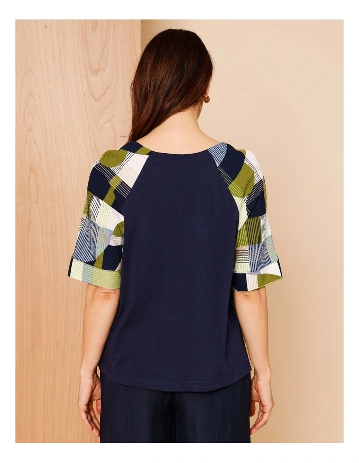 Raglan Short Sleeve Woven Front Tee With Knit Back In Navy/Avocado/White Geo Print image 6