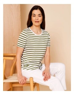 Wardrobe Staple Short Sleeve Tee In White/Green Stripe