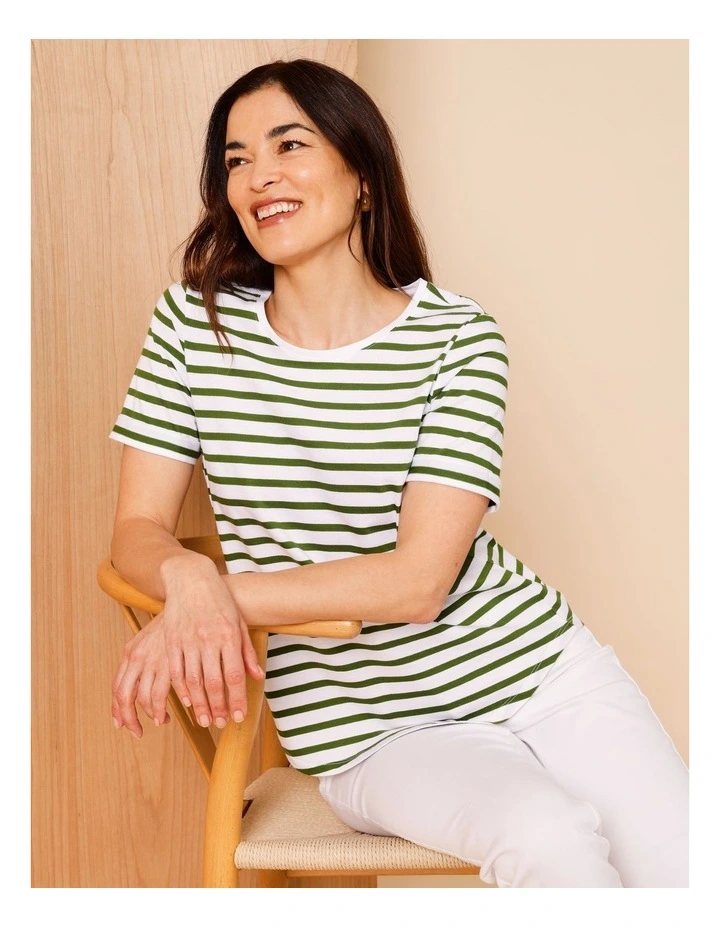 Wardrobe Staple Short Sleeve Tee In White/Green Stripe image 2