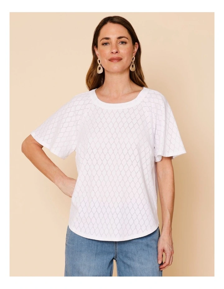 Raglan Sleeve Pointelle Tee In White image 2