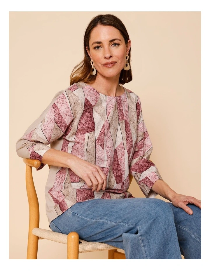Woven Front With Knit Back 3/4 Sleeve Tee In Pink/Neutral Shard Print image 1