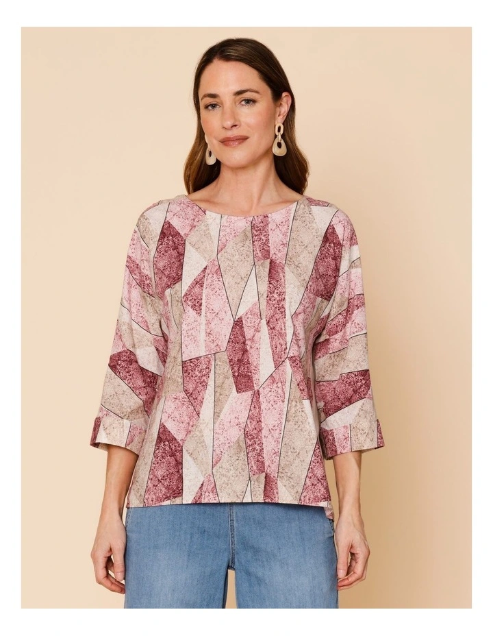 Woven Front With Knit Back 3/4 Sleeve Tee In Pink/Neutral Shard Print image 2
