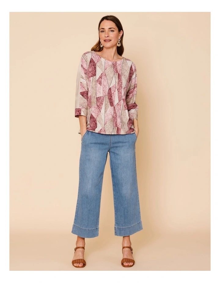 Woven Front With Knit Back 3/4 Sleeve Tee In Pink/Neutral Shard Print image 4