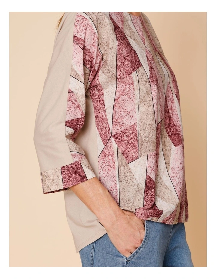Woven Front With Knit Back 3/4 Sleeve Tee In Pink/Neutral Shard Print image 5