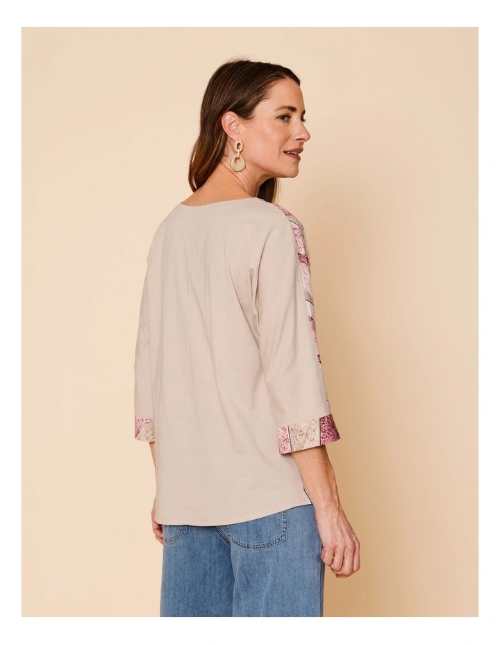 Woven Front With Knit Back 3/4 Sleeve Tee In Pink/Neutral Shard Print image 6