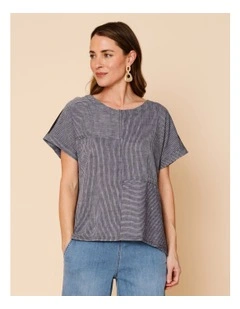 Extended Short Sleeve Spliced Woven Front Tee With Knit Back In Charcoal/White Fine Stripe